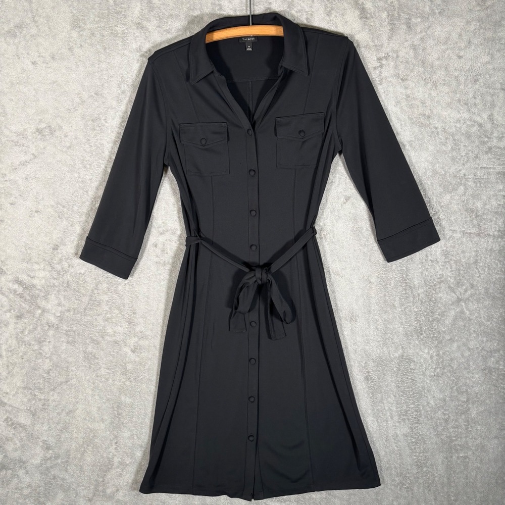Talbots Black Button Front 3/4 Sleeve Utility Shirt Dress M Minimalist Office